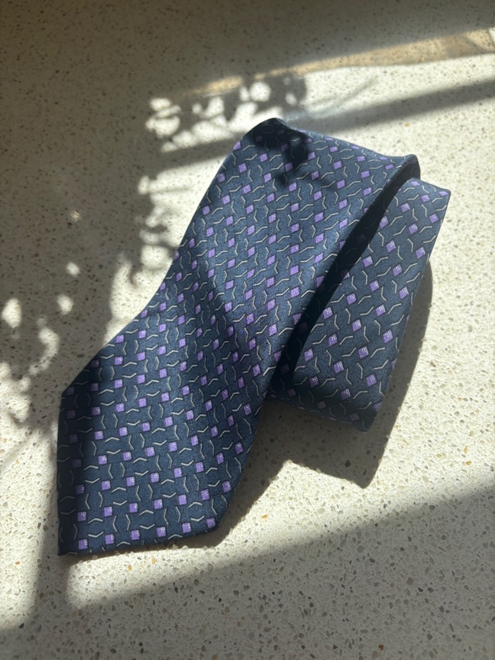 Men's Dark Blue Silk Tie with Purple Geometric Accents made in Firenze  Italy